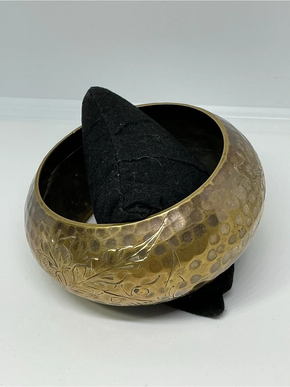 Vintage Hammered Brass Wide Cuff Bangle Bracelet Etched Thistle Floral Design